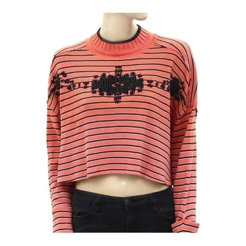 Free People Avalanche Long Sleeve Striped Beaded Tee Top